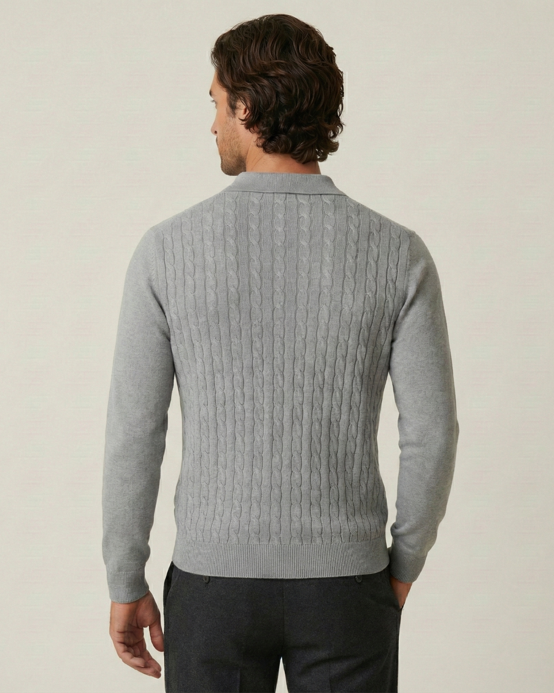 Herren-Polohemd mit langen Ärmeln, Zopfmuster und klassischem Kragen – Teo