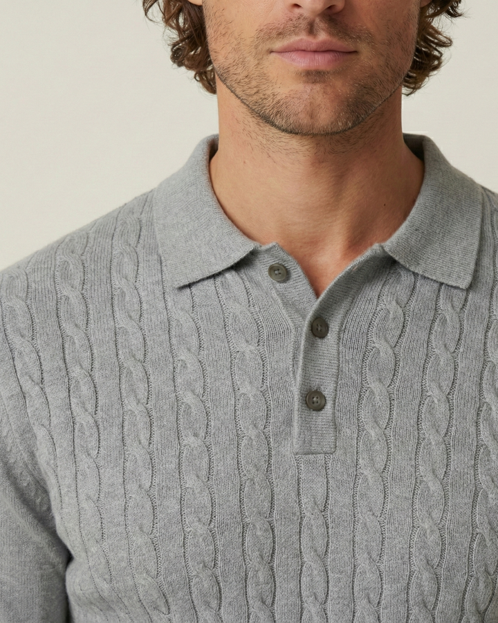 Herren-Polohemd mit langen Ärmeln, Zopfmuster und klassischem Kragen – Teo