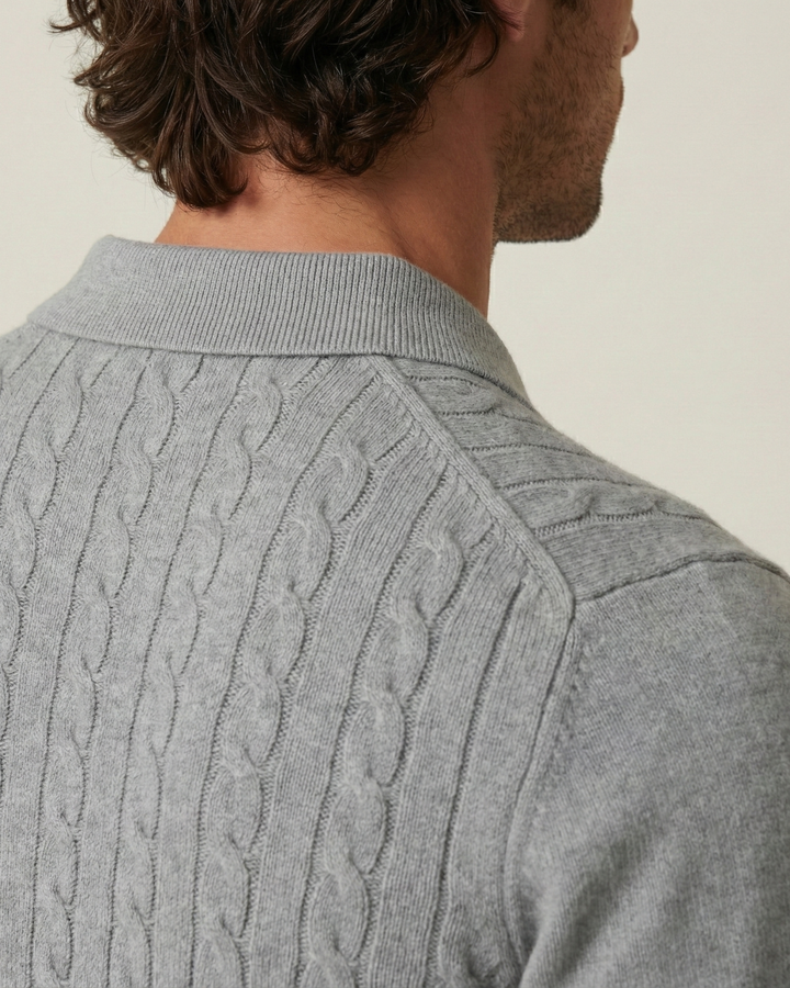 Herren-Polohemd mit langen Ärmeln, Zopfmuster und klassischem Kragen – Teo