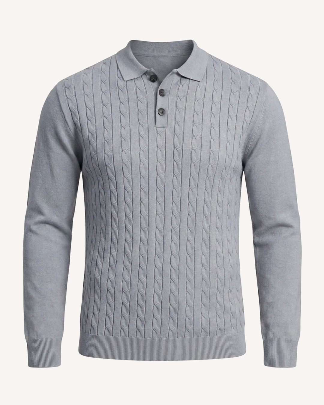Herren-Polohemd mit langen Ärmeln, Zopfmuster und klassischem Kragen – Teo