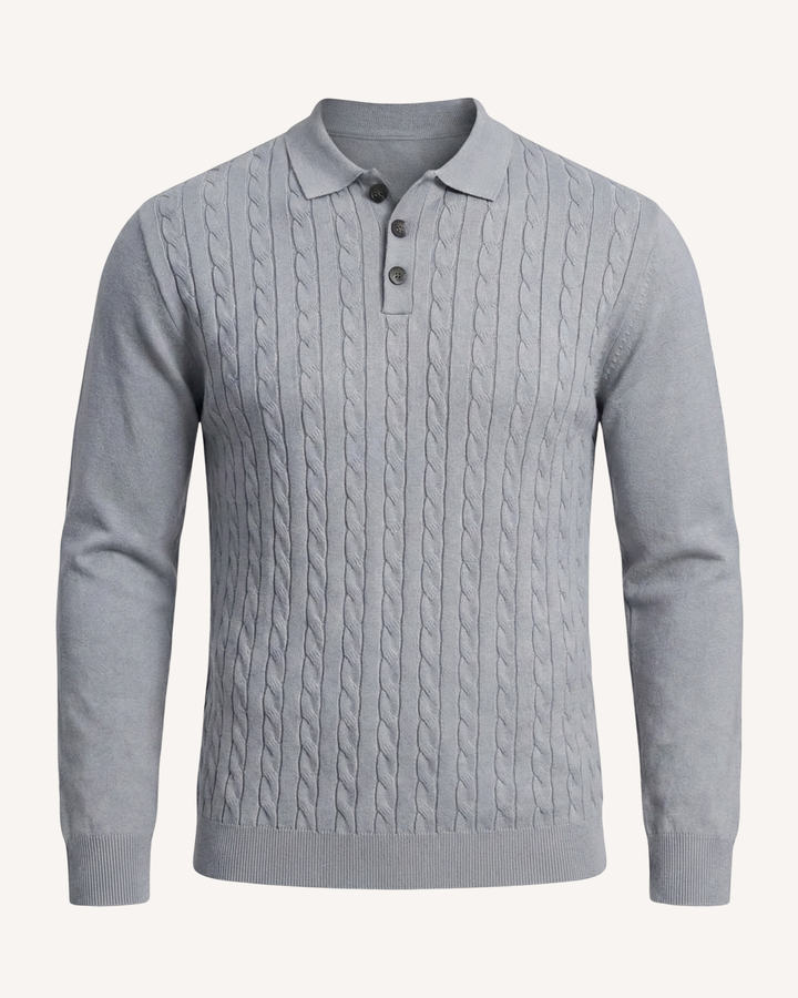 Herren-Polohemd mit langen Ärmeln, Zopfmuster und klassischem Kragen – Teo