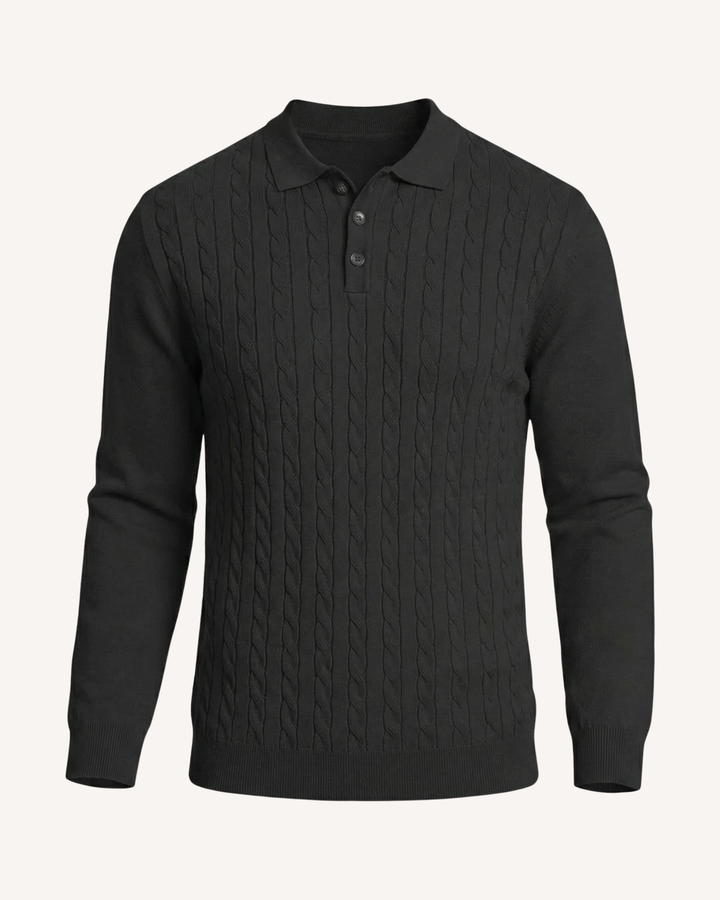 Herren-Polohemd mit langen Ärmeln, Zopfmuster und klassischem Kragen – Teo