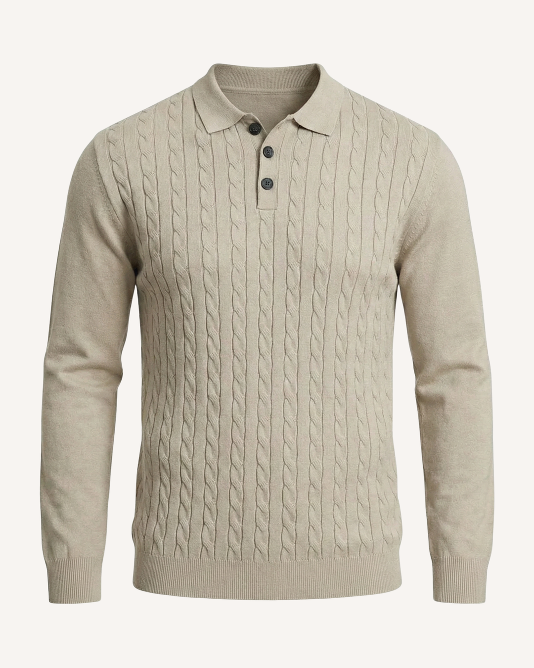 Herren-Polohemd mit langen Ärmeln, Zopfmuster und klassischem Kragen – Teo