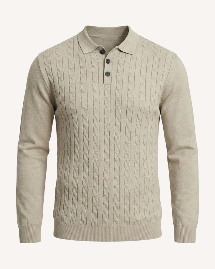 Herren-Polohemd mit langen Ärmeln, Zopfmuster und klassischem Kragen – Teo