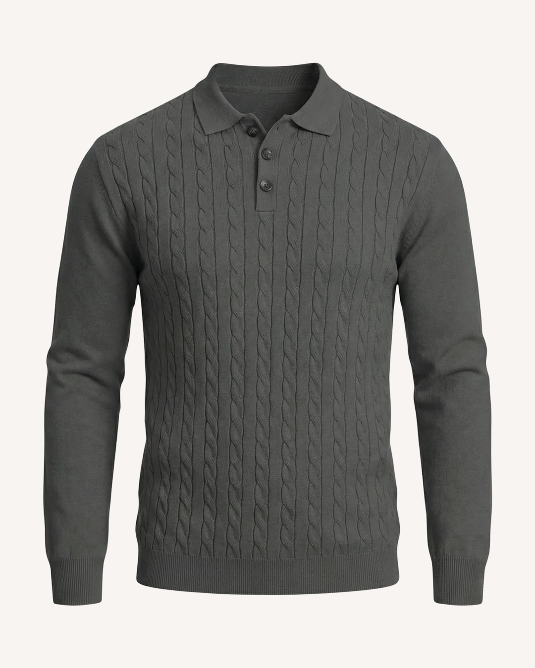 Herren-Polohemd mit langen Ärmeln, Zopfmuster und klassischem Kragen – Teo