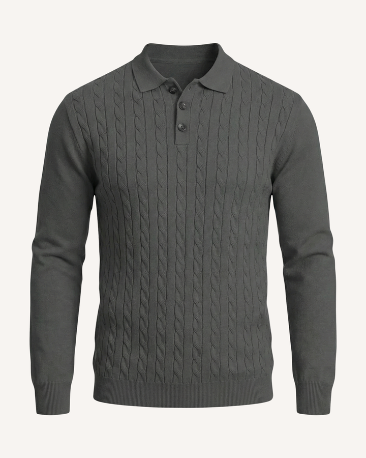 Herren-Polohemd mit langen Ärmeln, Zopfmuster und klassischem Kragen – Teo