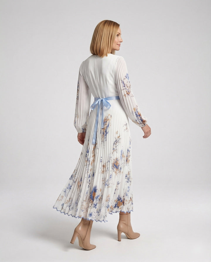 Plissiertes Maxikleid mit langen Ärmeln und überkreuztem Ausschnitt für Damen - Alwine