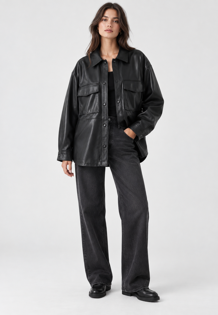 Oversize-Jacke in Lederoptik mit Taschen – Thaïs
