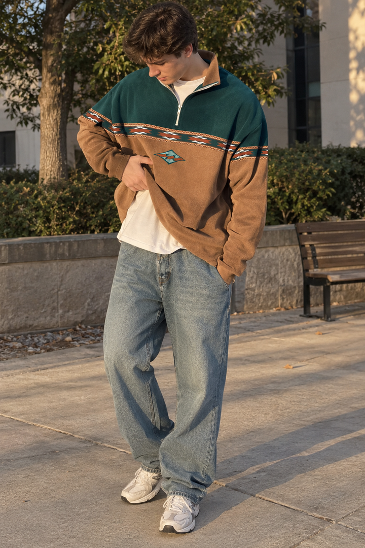 Herren-Sweatshirt mit halbem Reißverschluss und geometrischem Muster – Tavish