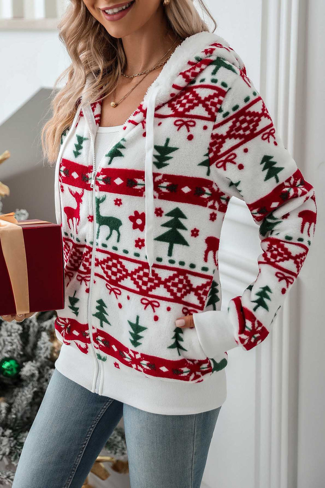 Damen-Kapuzenpullover mit Reißverschluss und Weihnachtsmotiv – Nolwenn