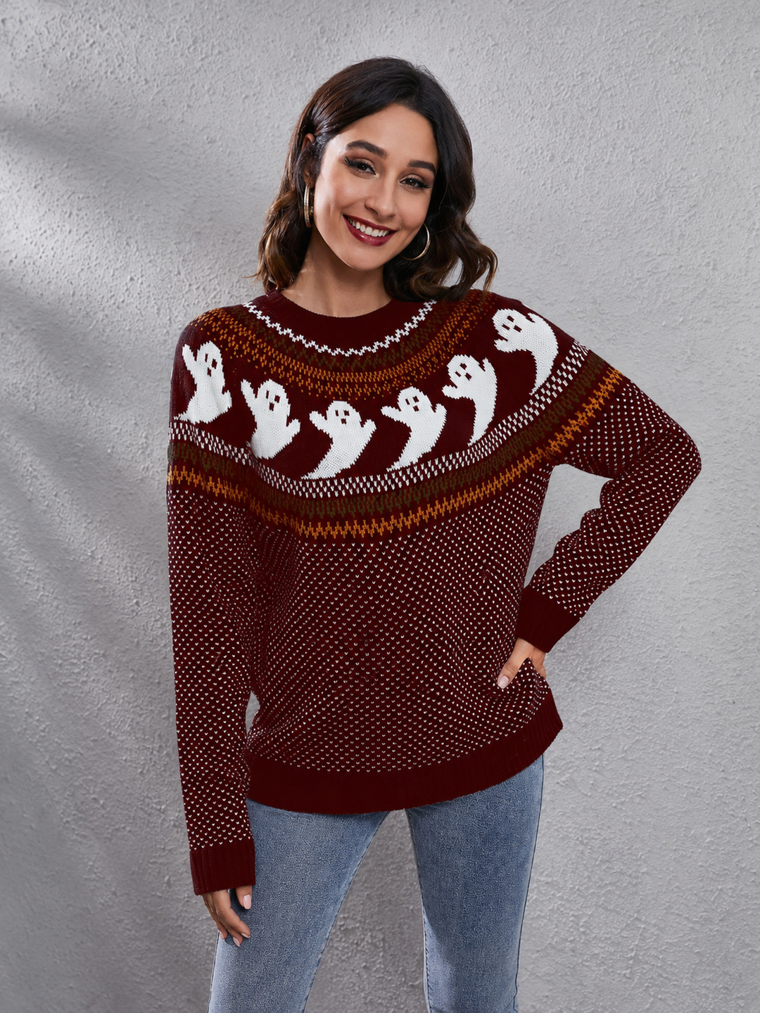 Strickpullover mit Rundhalsausschnitt und Retro-Motiv im literarischen Stil – Nerissa