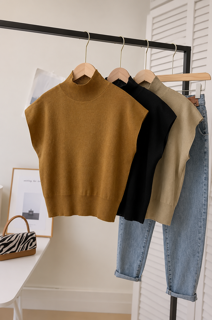 Strickoberteil mit hohem Kragen und kurzen Ärmeln für Damen – Elin