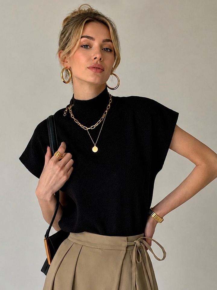 Strickoberteil mit hohem Kragen und kurzen Ärmeln für Damen – Elin
