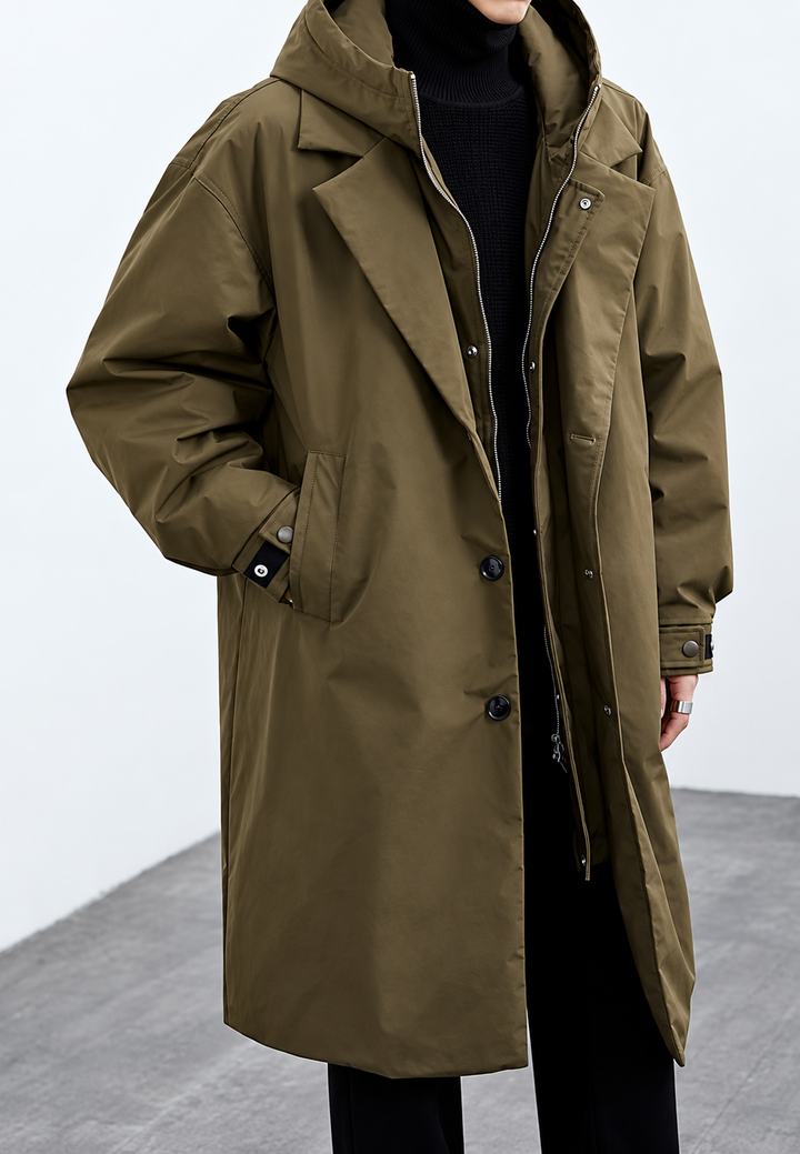 Langer Herren-Trenchcoat mit Kapuze, Reißverschluss und verstellbaren Ärmelbündchen - Corvin