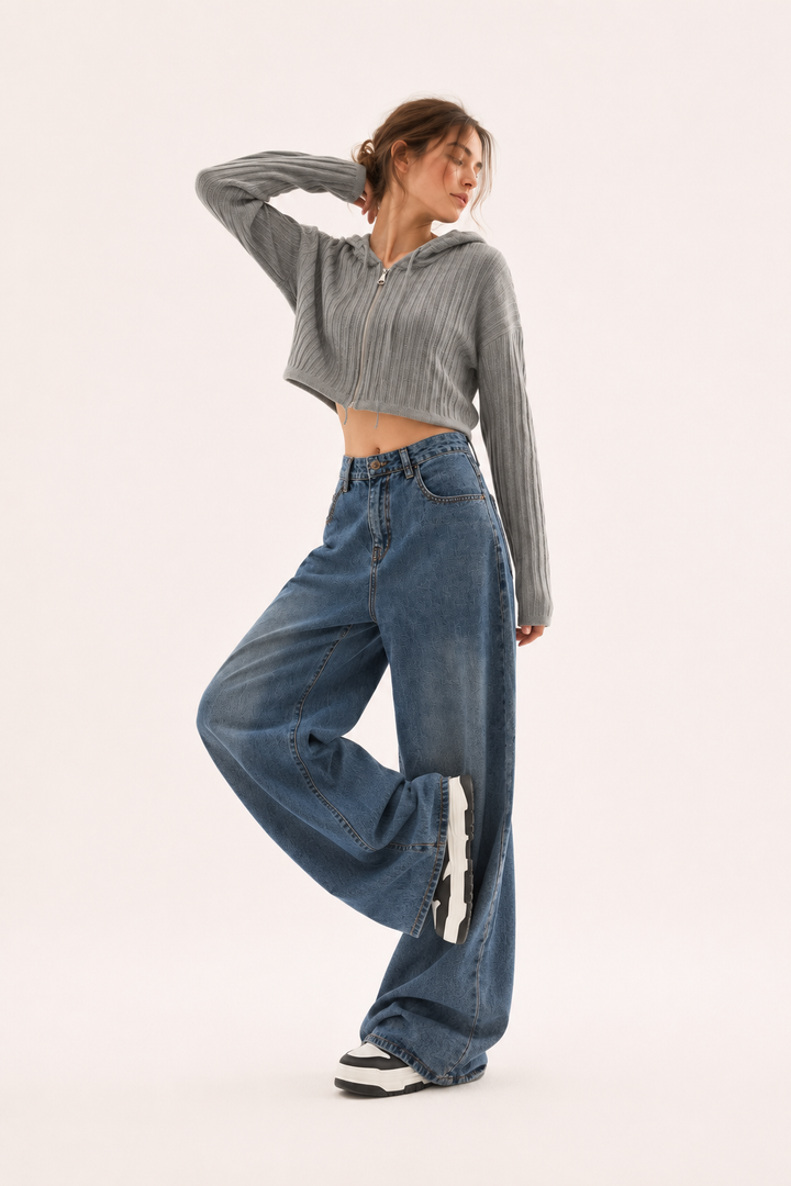 High-Waist-Jeans mit weitem Bein und Nähten auf der Vorderseite – Anika