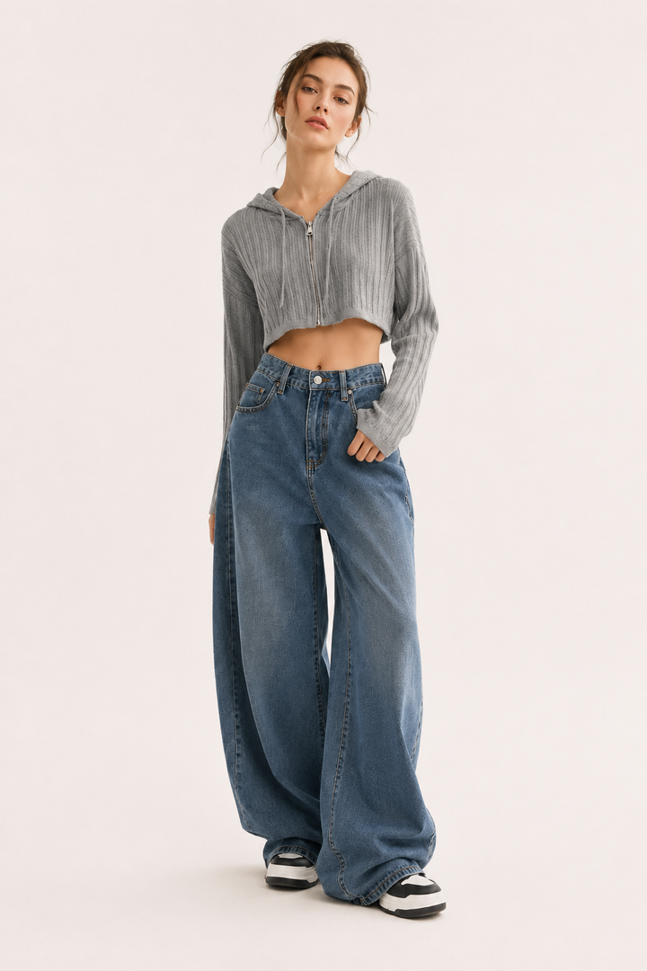 High-Waist-Jeans mit weitem Bein und Nähten auf der Vorderseite – Anika