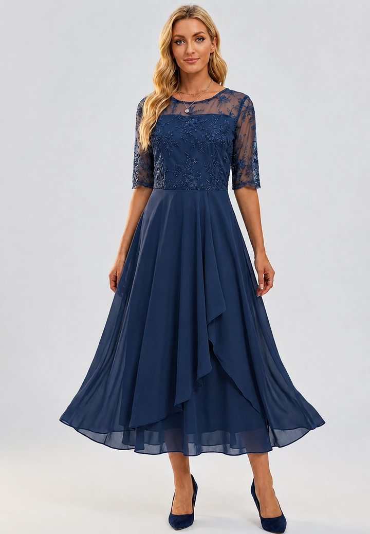 Midi-Kleid für Damen mit Blumen-Spitze und ellbogenlangen Ärmeln – Rhonda