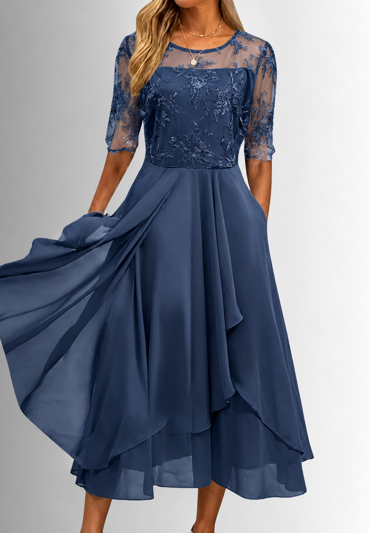 Midi-Kleid für Damen mit Blumen-Spitze und ellbogenlangen Ärmeln – Rhonda
