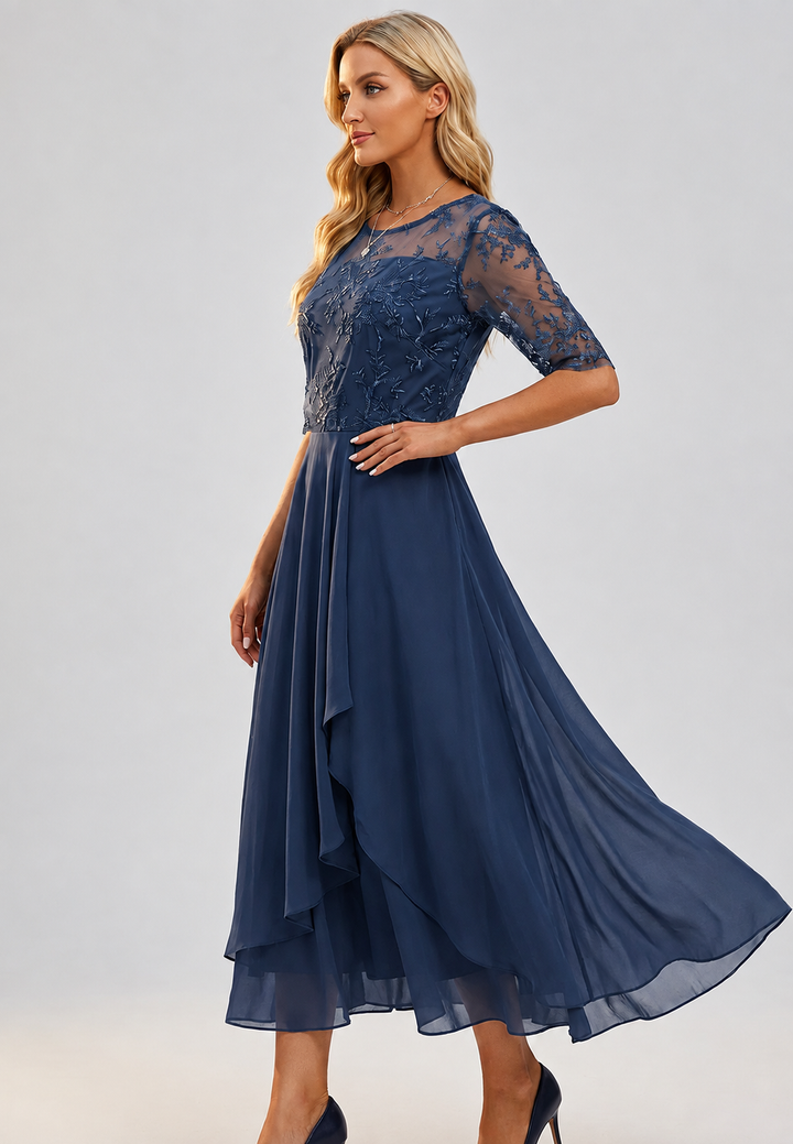 Midi-Kleid für Damen mit Blumen-Spitze und ellbogenlangen Ärmeln – Rhonda