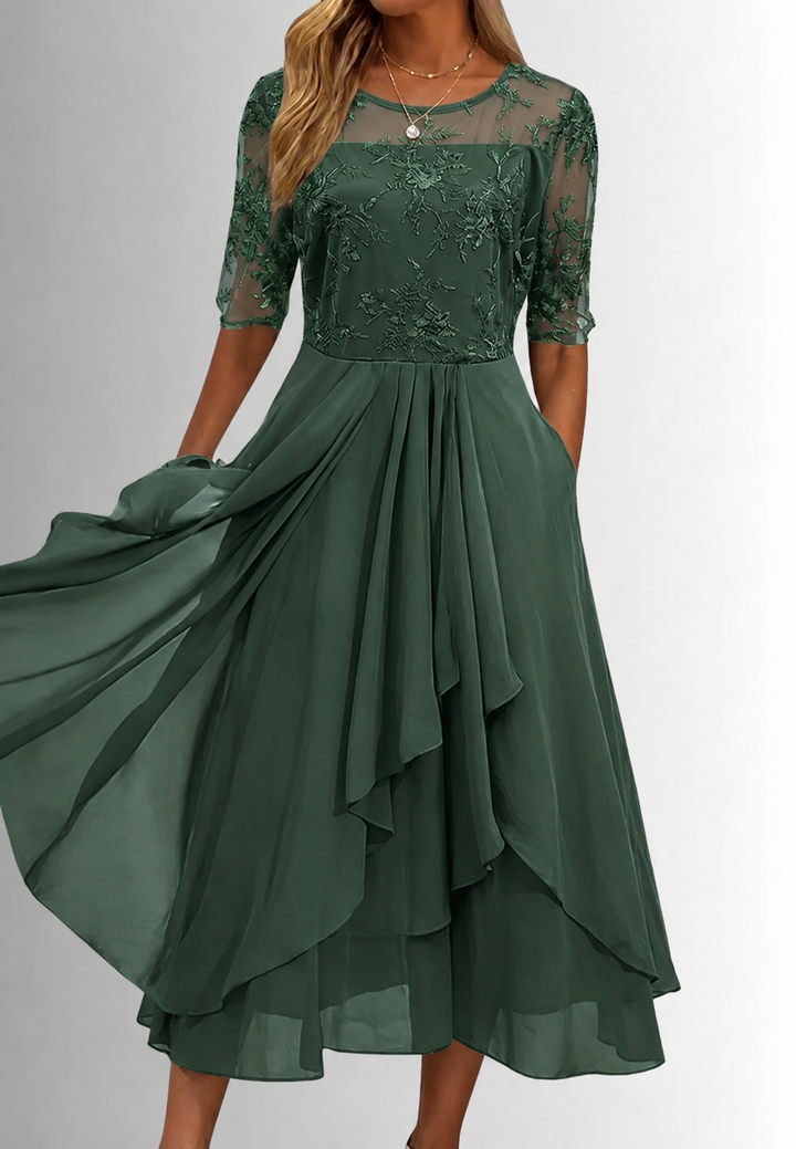 Midi-Kleid für Damen mit Blumen-Spitze und ellbogenlangen Ärmeln – Rhonda