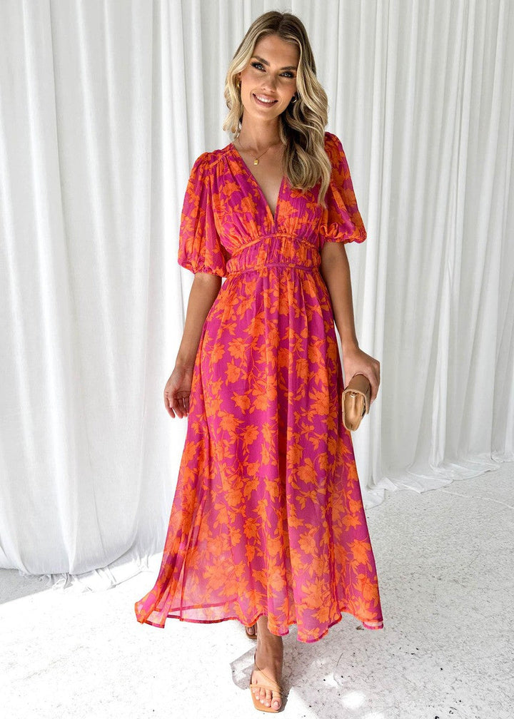 Midi-Kleid für Damen mit Blumenmuster und Puffärmeln – Katy